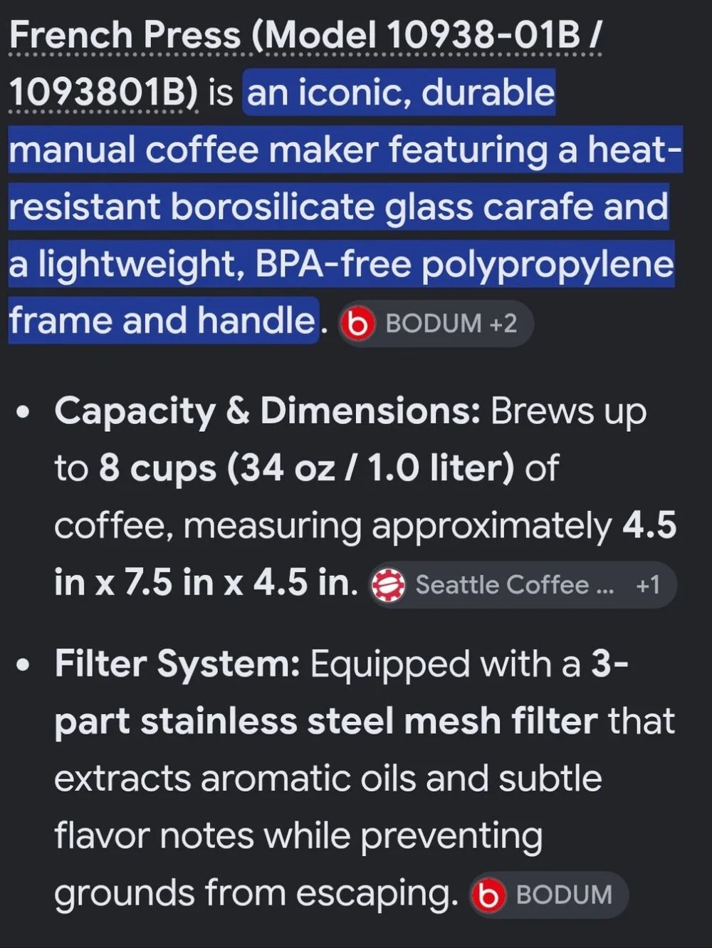Bodum Brazil French Press Coffee Maker Black 34 Ounce